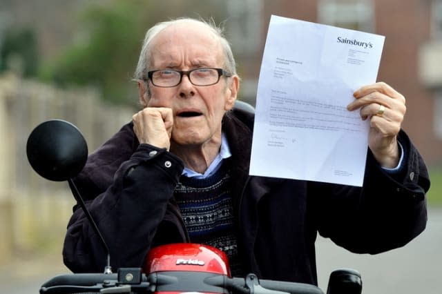 Pictured -Albert Carter, 80 who has been banned from his local Sainsburys. See South West copy NTSCOOTER. A grandfather has been banned from entering any Sainsburyâ€™s store in Britain, after he accidentally drove his mobility SCOOTER into another shopper. Albert Carter, 80, says he has been made to feel like a â€œshoplifterâ€ following the mishap which occurred on March 7. Mr Carter received a letter from the supermarket chain stating police would be called if he is seen in any of its 1,200-plus stores.