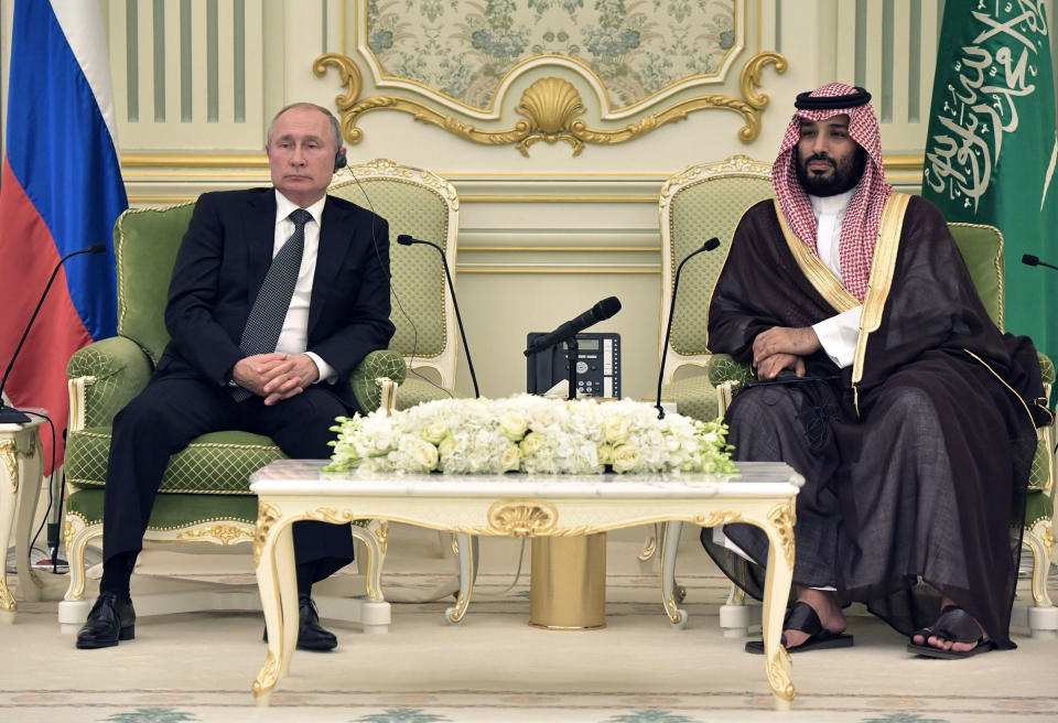 Russian President Vladimir Putin (L) meets with Saudi Arabia's Crown Prince Mohammed bin Salman in Riyadh, Saudi Arabia, on October 14, 2019.<span class="copyright">Alexey Nikolsky—Sputnik/AFP/Getty Images</span>