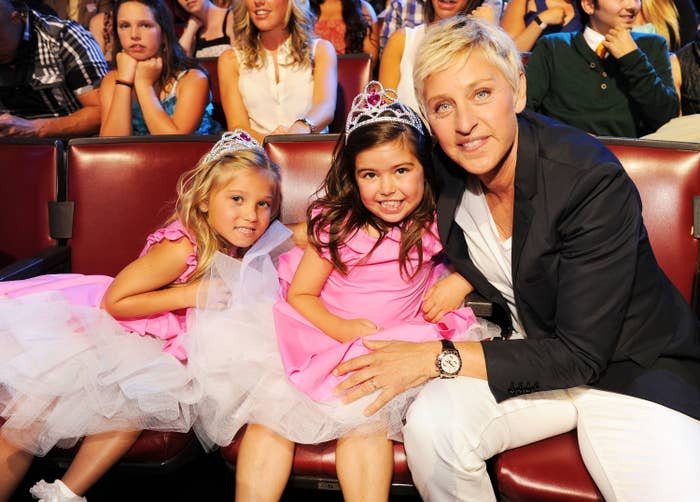 A young Sophia sits nexts to her friend Rosie and Ellen DeGeneres