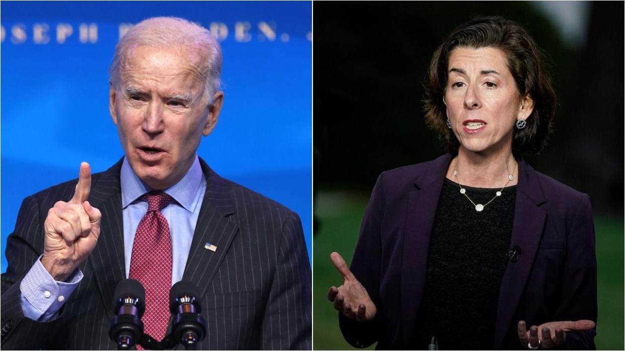 Progressives want President Joe Biden not to side with Commerce Secretary Gina Raimondo, right, who opposes waiving intellectual property protections on COVID-19 vaccines. (Photo: Getty Images)