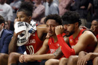 Maryland forward Julian Reese (10), guard Jahmir Young (1) and forward Patrick Emilien (15) sit on the bench in the final minute of the team's loss to Alabama in a second-round college basketball game in the men's NCAA Tournament in Birmingham, Ala., Saturday, March 18, 2023. (AP Photo/Butch Dill)