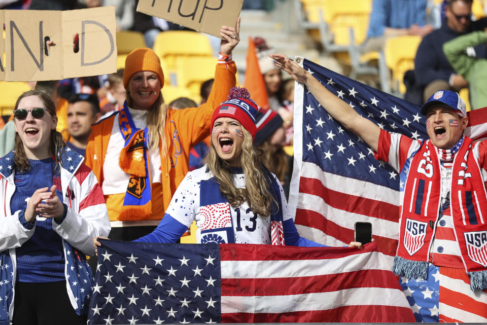 United States fans cheer during the Women's World Cup Group E soccer match between the United States and the Netherlands in Wellington, New Zealand, Thursday, July 27, 2023. (AP Photo/Alysa Rubin)