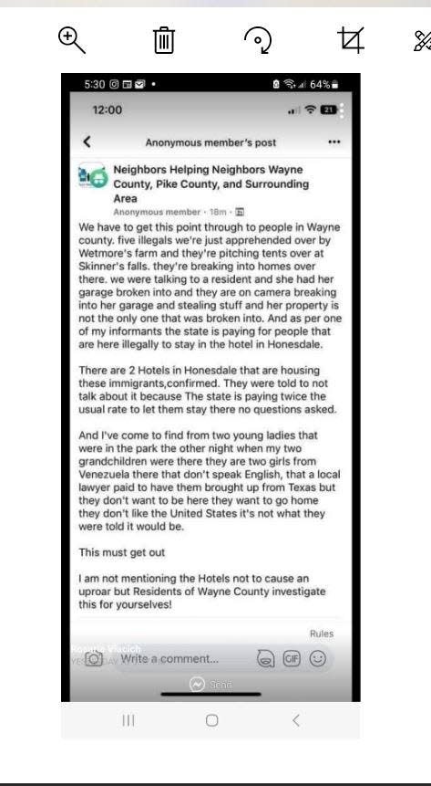 Multiple people provided the Tri-County Independent screenshots of this Facebook post claiming that migrants have been housed in Honesdale hotels at the expense of the state.