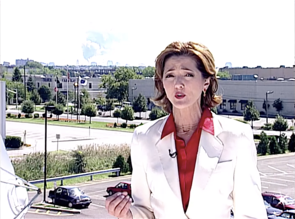 Chris Jansing anchors MSNBC’s live coverage from the roof of the network’s Secaucus, NJ headquarters, where plumes of smoke from the Twin Towers can be seen in the distance. - Credit: Courtesy photo