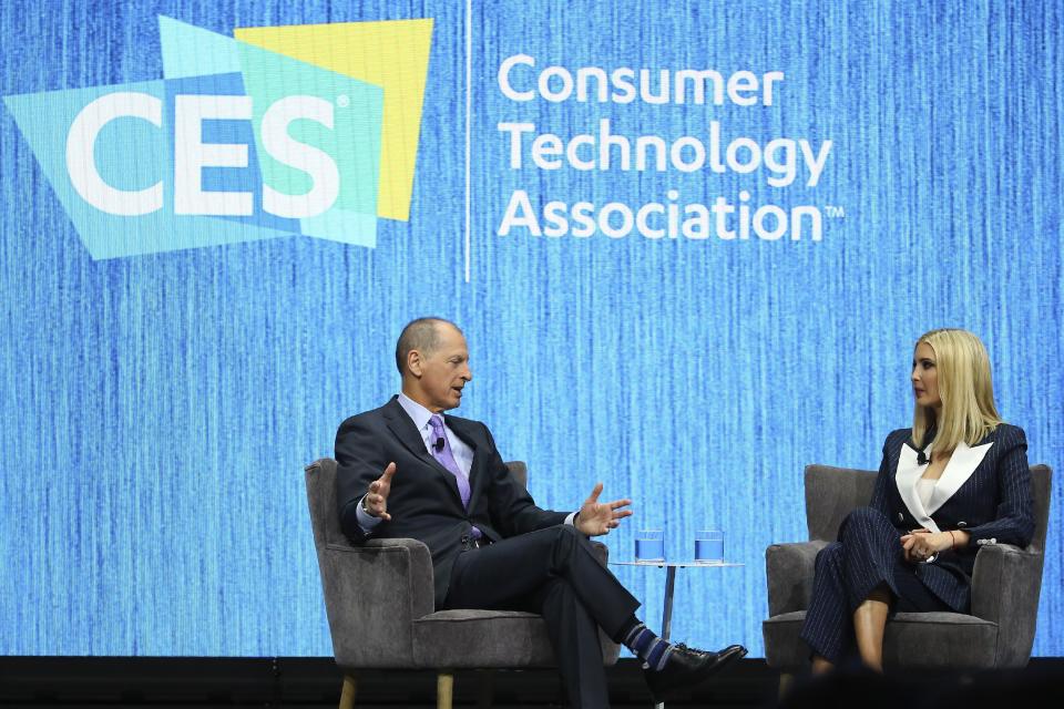 Ivanka Trump, right, the daughter and senior adviser to U.S. President Donald Trump, listens to Gary Shapiro, left, CEO of the Consumer Technology Association, ask a question during the Consumer Technology Association Keynote during the CES tech show Tuesday, Jan. 7, 2020, in Las Vegas. (AP Photo/Ross D. Franklin)