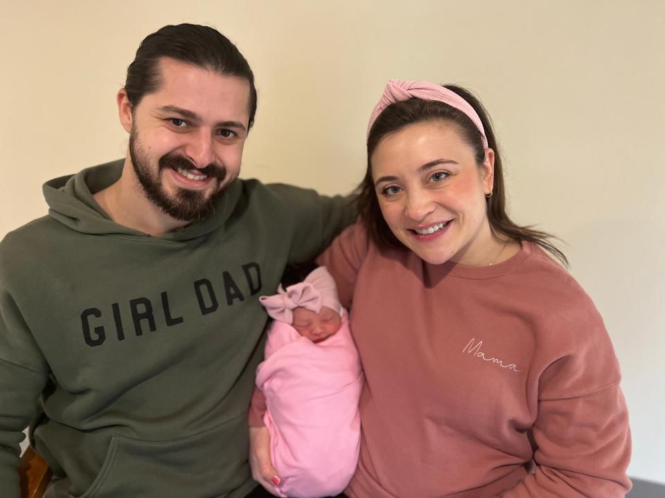 Ryan and Olivia Terrell with their daughter, Lucy Rose.  Lucy was the first baby born this year at Heywood Hospital.