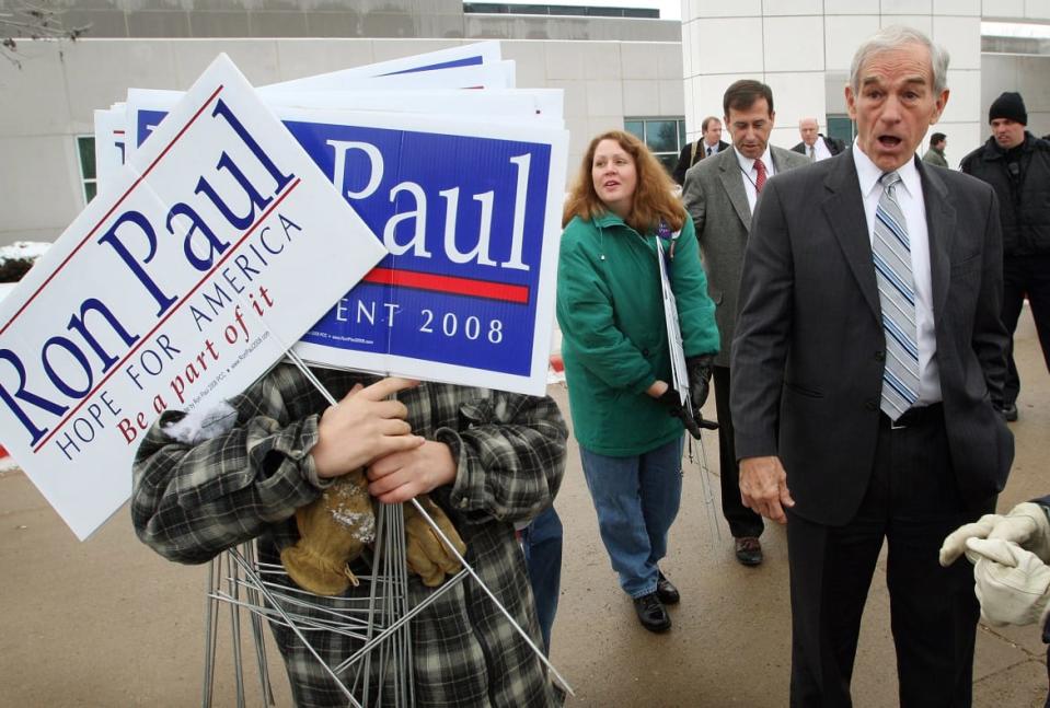 <div class="inline-image__caption"><p>Republican presidential hopeful Congressman Ron Paul (R-TX), greets supporters following The Des Moines Register Presidential Debate December 12, 2007 in Johnston, Iowa.</p></div> <div class="inline-image__credit">Scott Olson/Getty Images</div>