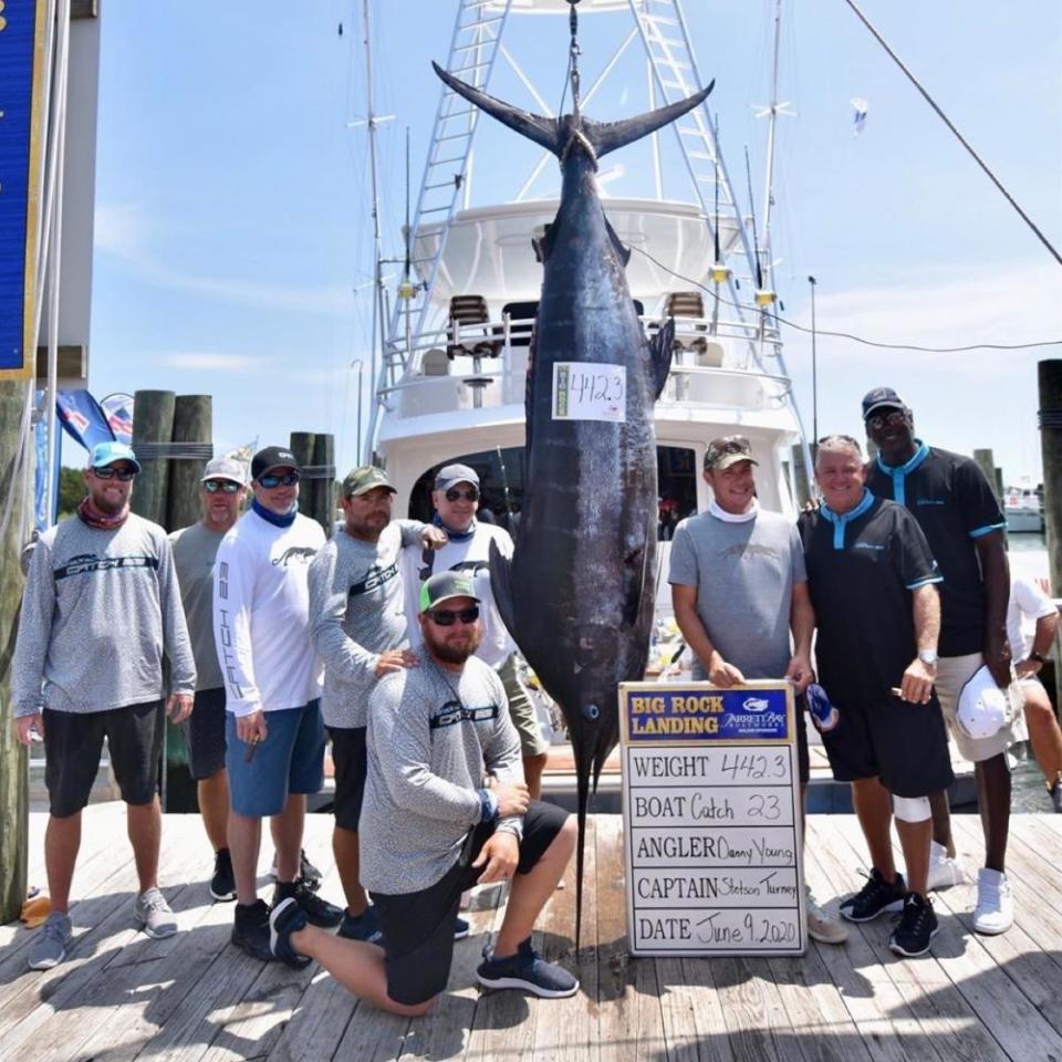 Michael Jordan, right, and the crew of his 80-foot fishing boat named Catch 23.