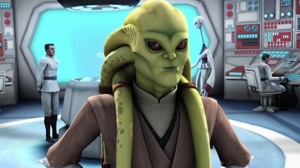 Kit Fisto within room on Kamino with clones and Kaminoan scientist