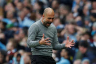 <p>Manchester City manager Pep Guardiola reacts as the hosts take the lead in the first half at The Etihad </p>