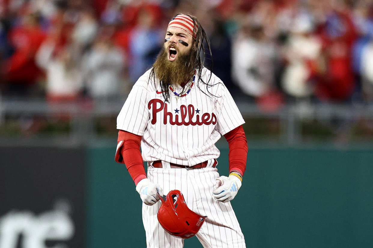 Brandon Marsh reacts after hitting an RBI double. (Tim Nwachukwu/Getty Images)