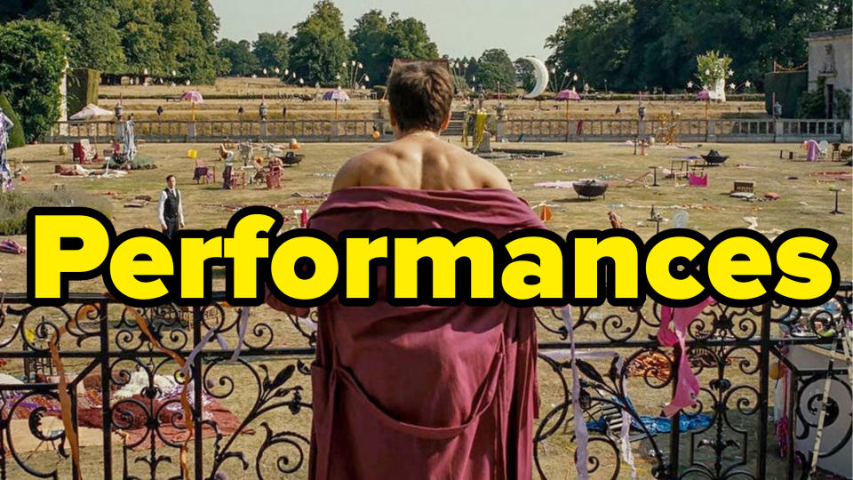 NJ: What did you think of the performances?LG: I thought the performances were good. I enjoyed them. I'm not sure they were Oscar-worthy, in my opinion. But, at the same time, I don't think this movie was Oscar-worthy. I enjoyed the movie for what it was — I don't think it was supposed to be a high-prestige movie. There's nothing wrong with that. I just loved the chaos and the vibes. I thought Rosamund Pike was very different from characters that I've seen her play before. And Carey Mulligan was so funny. You can totally tell they took their characters so seriously. I feel like Elspeth and Pamela could've been played kinda jokey, but they both were just so serious about who they were, which actually made their comedic moments even funnier to me. Even Barry Keoghan — I haven't seen a lot of his work, but I liked watching him transform over the course of the movie. And of course, Jacob Elordi just being Jacob Elordi. Those were the standouts, for me. NJ: I agree, I really liked the performances. I saw a TikTok the other day that pointed out the creepy Oxford guy is the same guy who plays Aemond Targaryen on House of the Dragon. Jump scare!