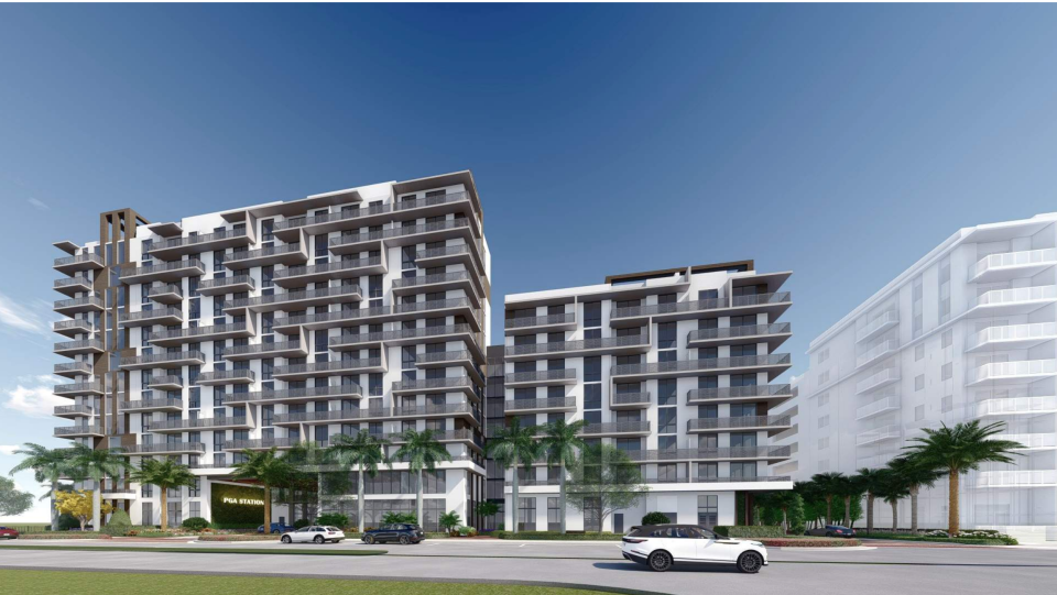 Rendering of a 13-story apartment project that could rise at PGA Station, as approved on Tuesday, Jan. 9, 2024, by the Palm Beach Gardens planning board.