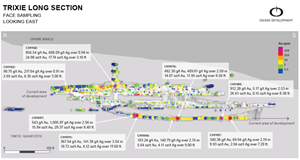 Trixie long section: detailed area of current development and sampling (625 level)