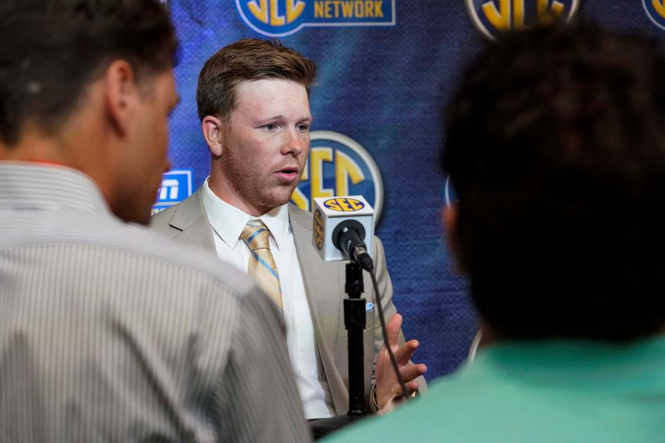 Missouri player Barrett Banister is interviewed Monday during SEC Media Days at the College Football Hall of Fame in Atlanta.