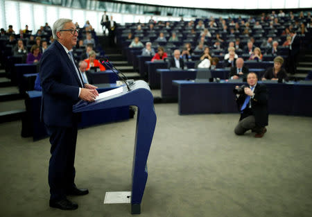 European Commission President Jean-Claude Juncker addresses the European Parliament during a debate on The State of the European Union in Strasbourg, France, September 13, 2017. REUTERS/Christian Hartmann