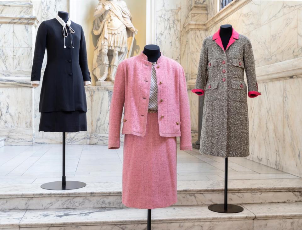 L-R, Suit by Gabrielle Chanel, Paris,1969; suit, Paris, 1966, worn by Lauren Bacall; Coat, Paris, 1961, worn by Anne Gunning (Victoria and Albert Museum)