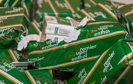 Cigarette stock is seen at the Premier Tobacco Company during an auction of assets belonging to the family of Diane Shima Rwigara, a prominent critic of Rwanda's president Paul Kagame, in Kigali, Rwanda March 28, 2018. REUTERS/Jean Bizimana