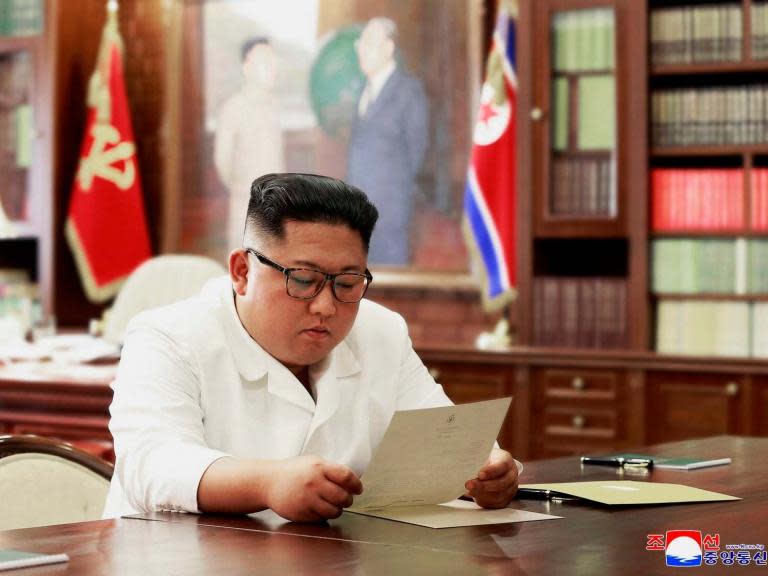 Donald Trump has sent Kim Jong-un an “excellent” personal letter containing content that the North Korean leader will “seriously contemplate”, according to the country’s state-run news agency.The announcement comes ahead of Mr Trump’s visit to Seoul, South Korea, next week, when he is expected to discuss the possibility of another summit with North Korea after talks broke down in February.Mr Kim reportedly said “with satisfaction that the letter is of excellent content” and praised the "extraordinary courage” of Mr Trump, without elaborating on what he wrote."Appreciating the political judging faculty and extraordinary courage of President Trump, Kim Jong-un said that he would seriously contemplate the interesting content," Pyongyang's Korean Central News Agency reported.Nuclear talks stalled earlier this year after the US demanded North Korea abandon its nuclear weapons entirely before international sanctions are lifted.North Korea has not responded to repeated request from the US and South Korea to resume talks since the failed February summit in Hanoi, Vietnam.However, Mr Trump said last week he had received a “beautiful” letter from Mr Kim but did not reveal what had been written, insisting only that it was “a very personal, very warm, very nice letter”.The White House declined to confirm that Mr Trump had sent a letter to Mr Kim.South Korea’s presidential office said it sees the letters as a positive development for keeping the momentum of the talks alive.Mr Trump’s letter also came days after Mr Kim met with China's President Xi Jinping and discussed the political situation surrounding the Korean Peninsula, according to North Korean state media.Mr Xi is expected to meet Mr Trump next week in Japan at the G-20 summit, where he may pass on a message from Mr Kim about the nuclear negotiations.North Korea’s leader has said he would be willing to take part in a third summit if the US came to the negotiations with “the right attitude and mutually acceptable terms."Mr Kim has asked for moves towards denuclearisation to be matched by concessions from the US, such as the lifting of sanctions against North Korea.The two leaders have exchanged letters previously in 2018 after their first summit and frequently spoken warmly of each other.In September 2018, Mr Trump told supporters at a campaign rally that Mr Kim "wrote me beautiful letters and they're great letters. We fell in love." The exchange of letters is thought to be part of North Korean efforts to present Mr Kim as a legitimate international leader who is reasonable and capable of negotiating deals with foreign leaders.Agencies contributed to this report