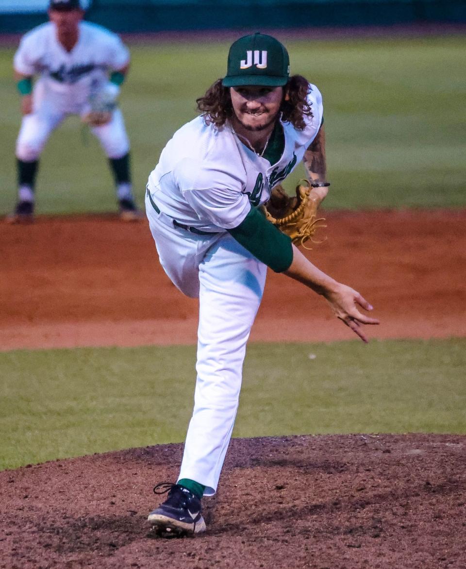 Jacksonville University pitcher Mason Adams struck out nine batters in 6.1 innings on Tuesday in the ASUN tournament, but was touched for seven hits and five earned runs in an 8-4 loss to Jacksonville State, at Swanson Stadium in Fort Myers.