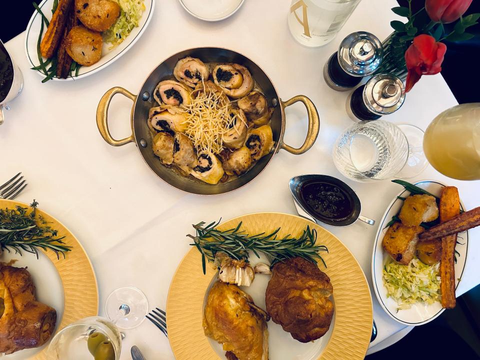 overhead shot of a full english sunday roast on a table at a restaurant in london