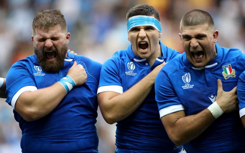 Pietro Ceccarelli and Giacomo Nicotera of Italy line up during the National Anthems prior to the Rugby World Cup France 2023 match between Italy and Uruguay at Stade de Nice on September 20, 2023 in Nice, France.