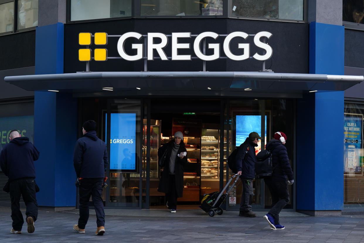 Customers enter the Greggs store in Piccadilly Circus, central London, as the high street bakery chain has said it does not plan to hike prices over the year ahead, but is unlikely to be able to offer price cuts as rising wages keep costs under pressure. The chain is set to open between 140 and 160 new shops on a net basis in 2024 as it looks to give customers more convenient access to its stores. Picture date: Wednesday January 10, 2024. (Photo by Aaron Chown/PA Images via Getty Images)