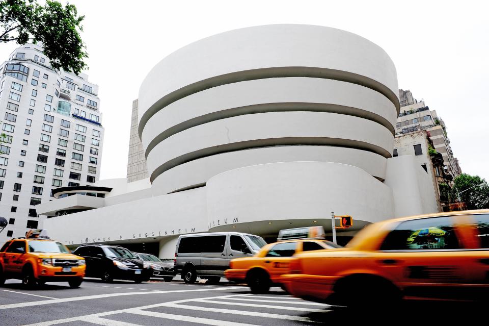 An exterior view along Fifth Avenue May 14, 2009 of the Guggenheim Museum in New York as the museum marks its 50th anniversary with an exhibition "Frank Lloyd Wright: From Within Outward". The building itself was designed by Wright.  AFP PHOTO/Stan Honda (Photo credit should read STAN HONDA/AFP/Getty Images)