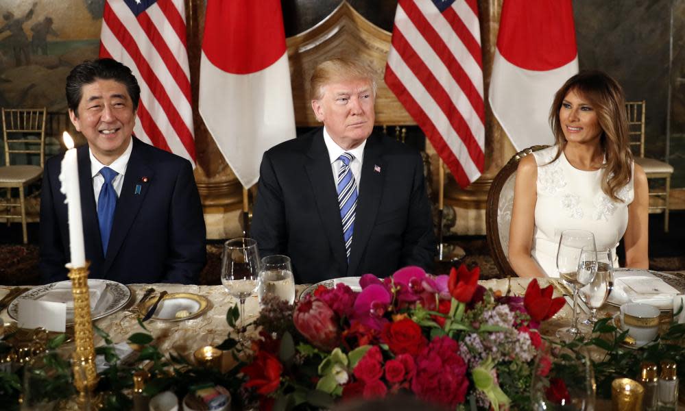 Donald and Melania Trump host Shinzo Abe and his wife, Akie Abe, for dinner at Trump’s private Mar-a-Lago club.