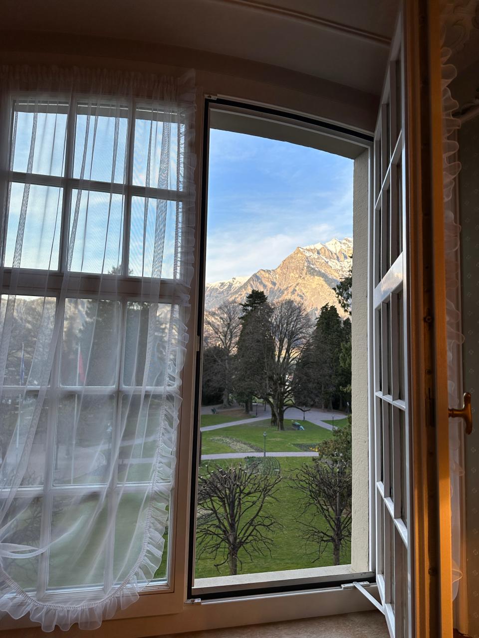 A view of the Swiss town of Bad Ragaz out of a window.