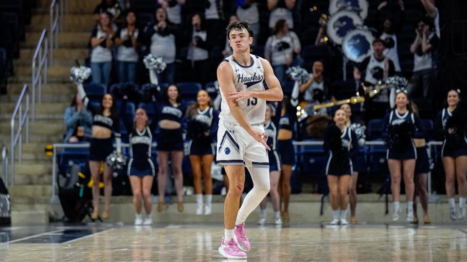 Monmouth's Jack Collins helped the Hawks defeat Campbell in the CAA Tournament on March 9, 2024 in Washington, D.C.