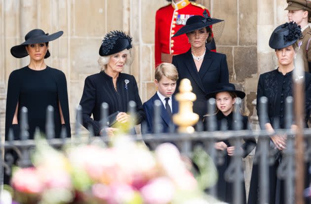 Meghan Markle, Camilla, Queen Consort, Prince George of Wales, Catherine, Princess of Wales, Princess Charlotte of Wales and Sophie, Countess of Wessex during the state funeral of Queen Elizabeth II at Westminster Abbey on Sept. 19, 2022, in London, England.