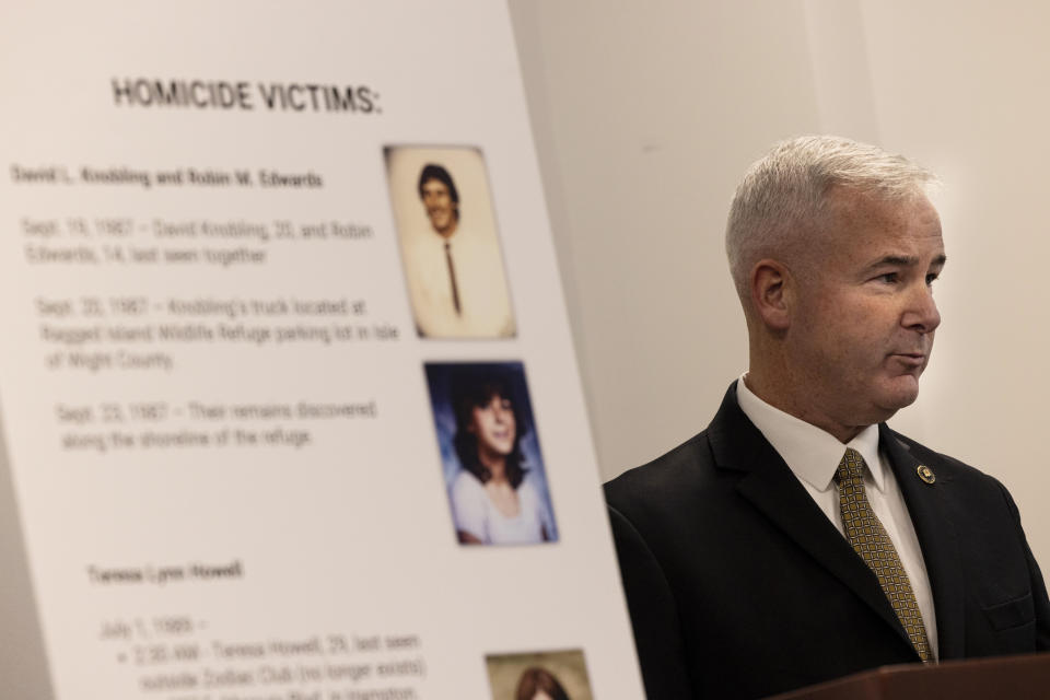 Brian Dugan of the FBI Norfolk Field Office, speaks during a press conference in Suffolk, Virginia, on Jan. 8, 2024, regarding the colonial parkway murders of the 1980's. Alan Wade Wilmer Sr., who died in December 2017, was identified as the main suspect in three of the homicides. (Billy Schuerman/The Virginian-Pilot via AP)