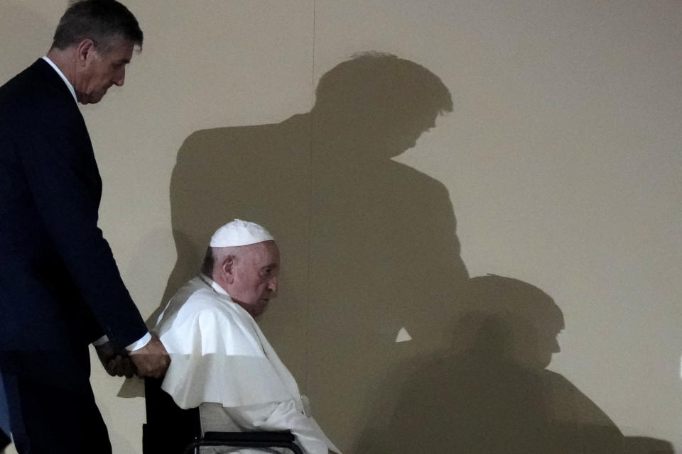 Pope Francis leaves after taking part at the 37th World Youth Day flock at the Parque Tejo in Lisbon, Saturday, Aug. 5, 2023. On Sunday morning, the last day of his five-day trip to Portugal, Francis is to preside over a final, outdoor Mass on World Youth Day – when temperatures in Lisbon are expected to top 40 degrees C (104F) – before returning to the Vatican. (AP Photo/Armando Franca)