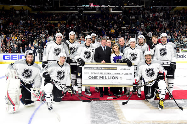 LOS ANGELES, CA – JANUARY 29: Metropolitan Division All-Stars players pose with head coach Wayne Gretzky after defeating the Pacific Division All-Stars 4-3 in the 2017 Honda NHL All-Star Tournament Final at Staples Center on January 29, 2017 in Los Angeles, California. (Photo by Harry How/Getty Images)