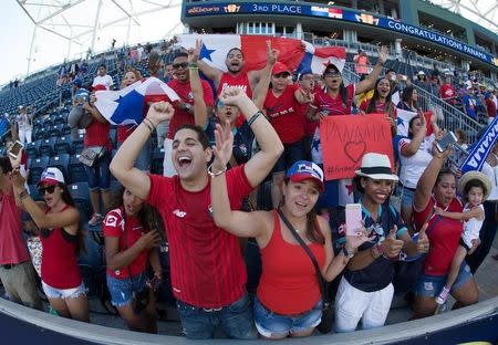 Jul 25, 2015; Chester, PA, USA; Panama fans celebrate their victory against the United States in the CONCACAF Gold Cup third place match at PPL Park. Mandatory Credit: Bill Streicher-USA TODAY Sports