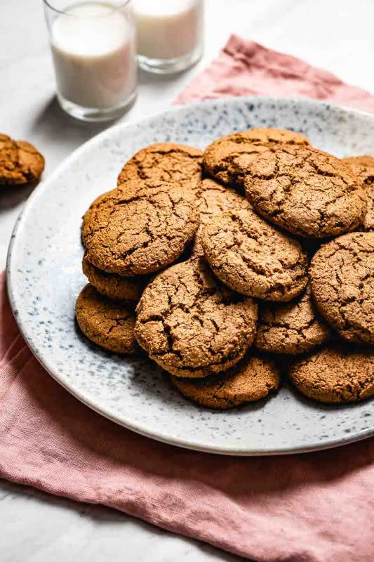 <p>Foolproof Living</p><p>Made with almond flour and sweetened with coconut sugar, these warm spiced healthy gingerbread cookies are the perfect treat during the holidays.</p><p><strong>Get the recipe: <a href="https://foolproofliving.com/paleo-gingerbread-cookies/" rel="nofollow noopener" target="_blank" data-ylk="slk:Paleo Gingerbread Cookies;elm:context_link;itc:0;sec:content-canvas" class="link ">Paleo Gingerbread Cookies</a></strong></p>