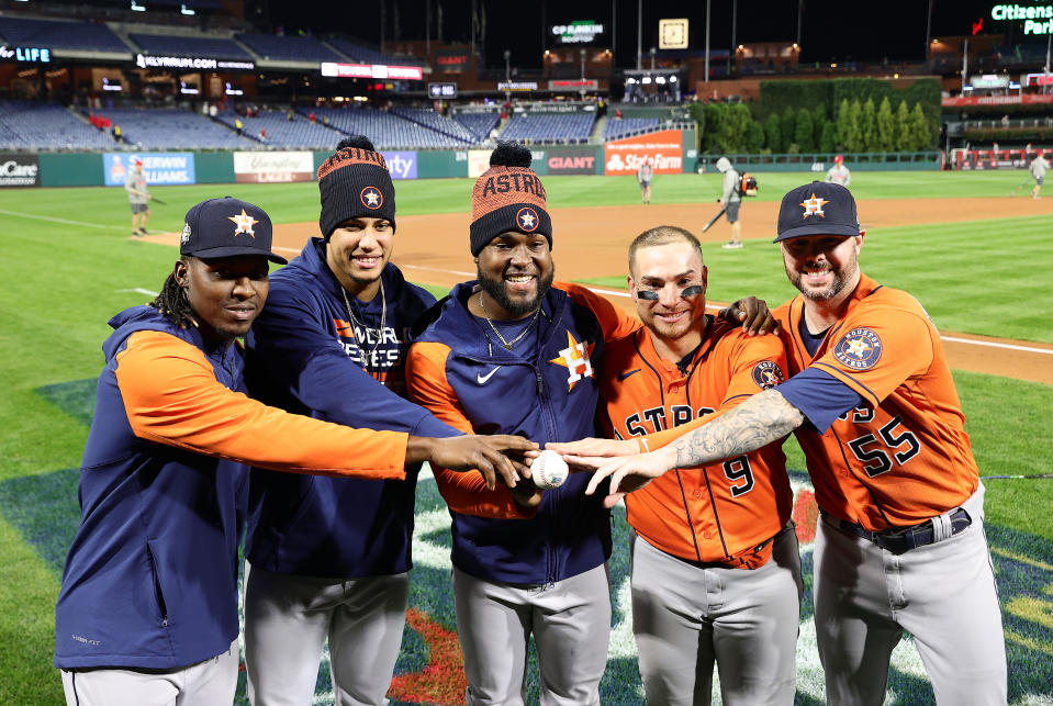 PHILADELPHIA, PENNSYLVANIA - NOVEMBER 02: Rafael Montero #47, Bryan Abreu #52, Cristian Javier #53, Christian Vazquez #9 and Ryan Pressly #55 of the Houston Astros pose for a photo after pitching for a combined no-hitter to defeat the Philadelphia Phillies 5-0 in Game Four of the 2022 World Series at Citizens Bank Park on November 02, 2022 in Philadelphia, Pennsylvania. (Photo by Tim Nwachukwu/Getty Images)