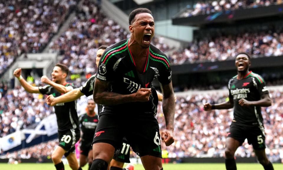 <span>Arsenal’s Gabriel Magalhães celebrates his second-half goal that turned out to be the winner in the north London derby.</span><span>Photograph: John Walton/PA</span>