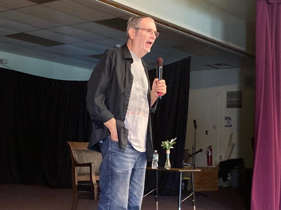 David Gerrold, Vermont resident and scriptwriter for "Star Trek" episode "The Trouble with Tribbles," speaks May 18, 2024 at Ticonderoga Elementary School during the "Trekonderoga" gathering in Ticonderoga, New York.