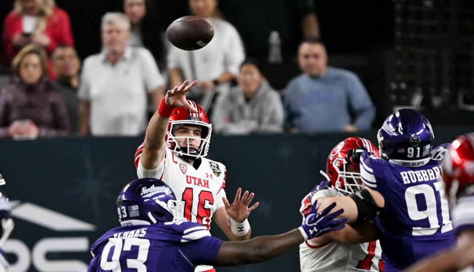 Utah Utes quarterback Bryson Barnes (16) dumps a pass over the line as Utah and Northwestern play in the SRS Distribution Las Vegas Bowl at Allegiant Stadium on Saturday, Dec. 23, 2023. Northwestern won 14-7. | Scott G Winterton, Deseret News