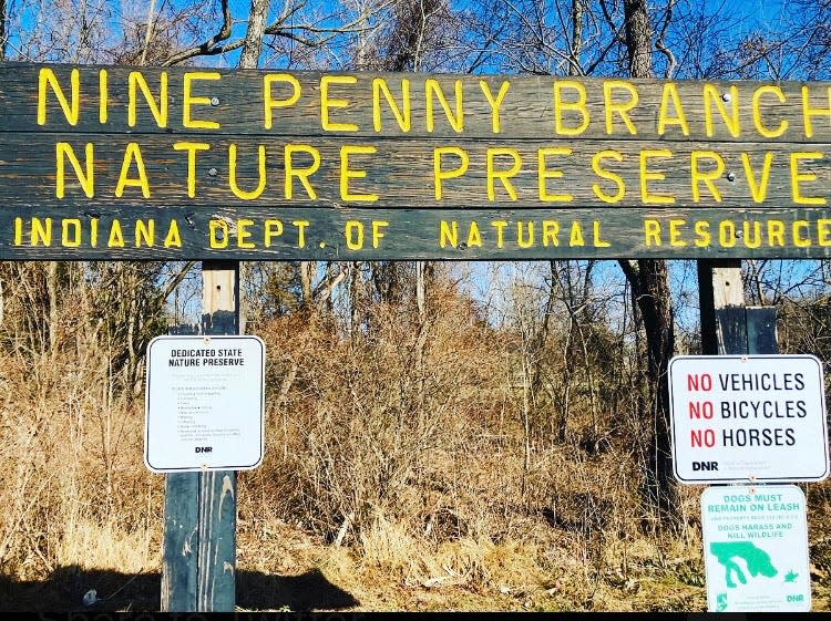 The trailhead at Nine Penny Branch Nature Preserve.