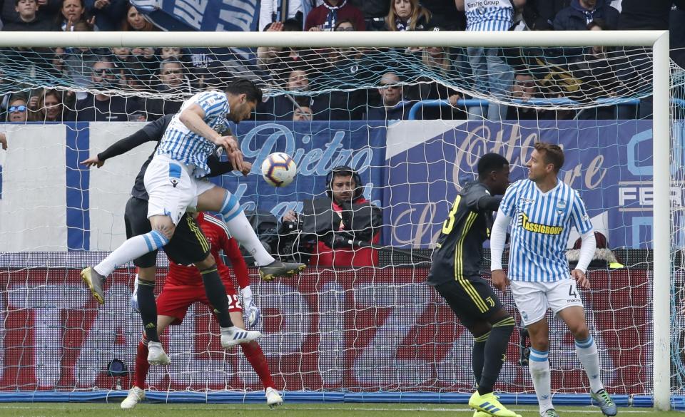 Spal's Kevin Bonifazi scores his side's opening goal during the Serie A soccer match between Spal and Juventus, at the Paolo Mazza stadium in Ferrara, Italy, Saturday, April 13, 2019. (AP Photo/Antonio Calanni)