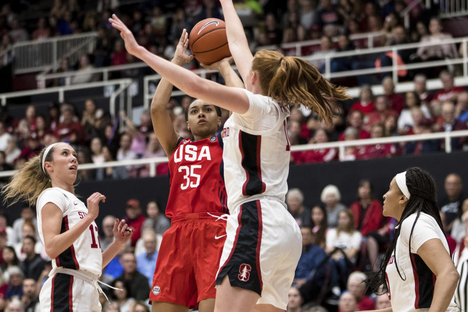 U.S. guard Allisha Gray (35) shoots as Stanford forward Ashten Prechtel, center right, defends in the first quarter of an exhibition women's basketball game, Saturday, Nov. 2, 2019, in Stanford, Calif. (AP Photo/John Hefti)