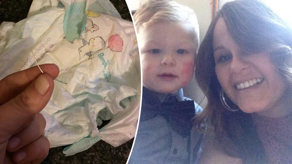 Kayleigh Smith, 30, was stunned when she found a needle inside the Pampers nappy of her two-year-old son Freddie. Picture: MEGA