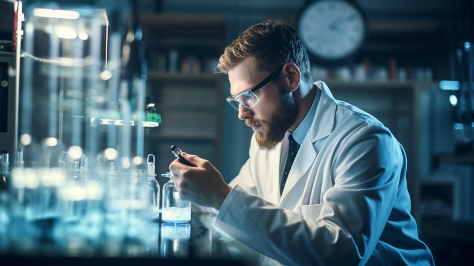 A biotechnologist wearing lab coat, creating a unique formulation for a therapy.