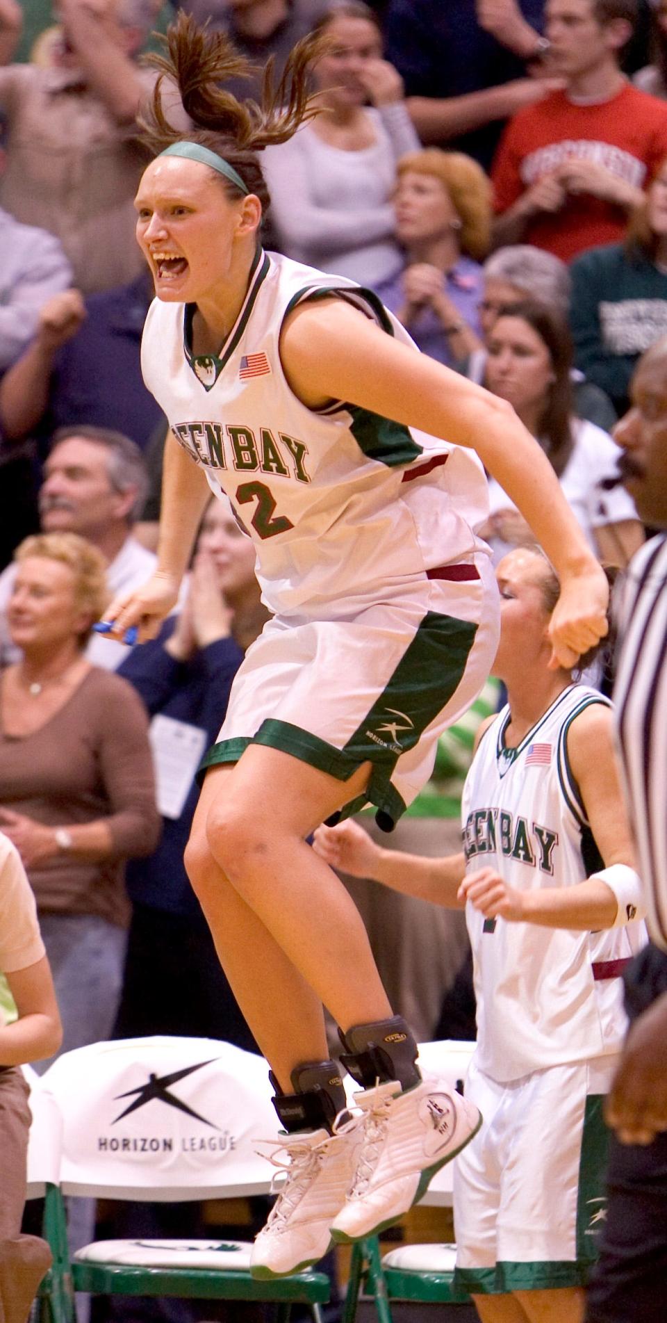 Nicole Soulis celebrates Wisconsin-Green Bay's 84-79 overtime win against Wisconsin-Milwaukee in the semifinals of the Horizon League women's basketball tournament March 9, 2007.