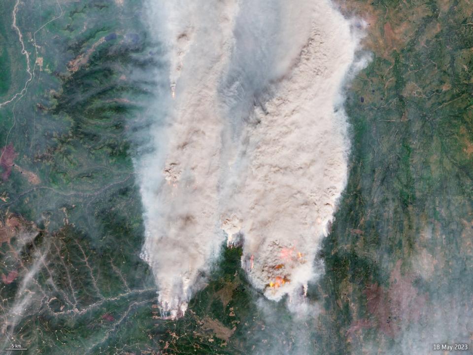 The record-shattering Donnie Creek wildfire is seen in northeastern B.C. from the European Space Agency's Copernicus Sentinel-2 satellite on May 18. satellite May 18, 2023