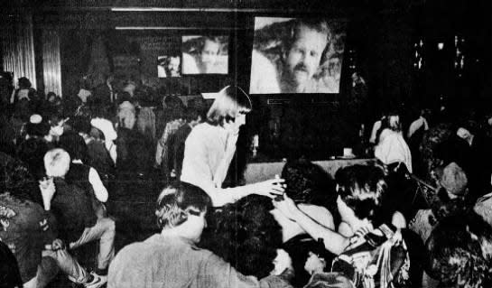 Three large television screens look out over the more than 700 people who took part in Monday, Feb. 28, 1983’s ‘M*A*S*H’ bash at the Somerset Marriott. There was not a dry eye or glass in the house as spectators said goodbye to their favorite characters.