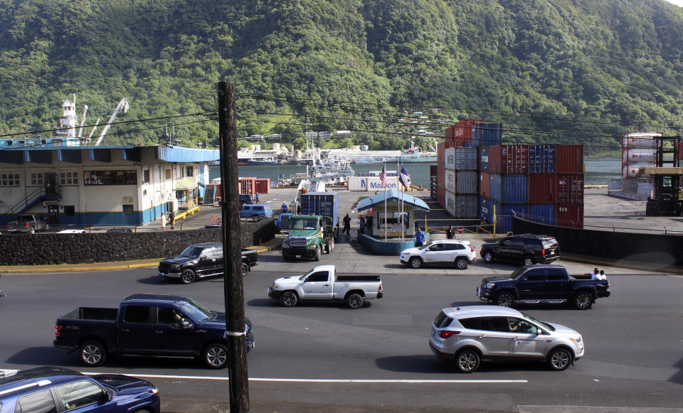 Traffic leaves the Port of Pago Pago after closing because a tsunami warning was issued for American Samoa on Thursday, March 4, 2021. The Pacific Tsunami Warning Center cancelled a tsunami watch for Hawaii that was issued after a huge earthquake occurred in a remote area between New Zealand and Tonga. The agency previously cancelled a tsunami warning it had issued for American Samoa. (AP Photo/Fili Sagapolutele)